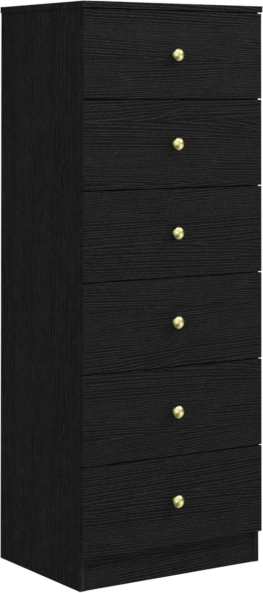 Panana Modern 6 Drawer Vertical Dresser, Wood Tall Chest of Drawers N Arrow Storage Organizer with Wide Drawers & Metal Gold Handles for Bedroom, Living Room, Office, Hallway, Entryway (Black)