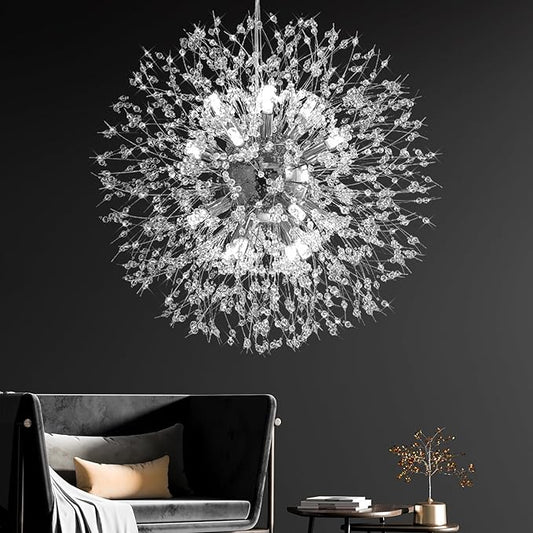 Crystal Chandelier, Firework Modern Beaded Chandeliers, Dandelion Chrome Pendant Lamp, Hanging Lighting Fixture for Bedroom, Dining Room, Kitchen, Farmhouse, Hallway, Foyer, 22" Chrome 12 Lights