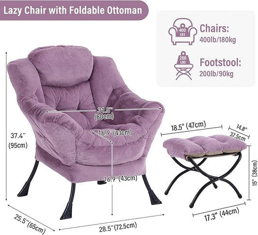 Lazy Chair with Ottoman, Modern Chair with Folding Footrest, Plush Purple Accent Chair, Comfortable Reading Chair, Oversized Armchairs for Bedroom, Study, Living Room, Courtyard