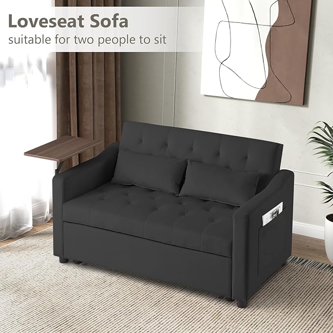 Yafylly 3 in 1 Loveseat Sofa, 3-Level Adjustable Backrest Convertible Sleeper, Pull Out Couch Bed with 360° Rotating Side Table for Bedroom, Apartment, Black