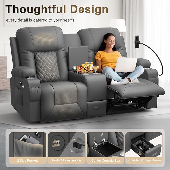 YONISEE Large Loveseat Recliner, Loveseat Recliner Sofa with Storage Console, Recliner Chair with USB Ports, 2 Cell Phone Holders, Cup Holder, Loveseat Couch for Living Room (Dark Gray)