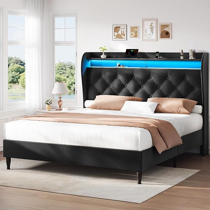 King Size Bed Frame with Tall Headboard, Velvet Upholstered Platform Bed with LED Lights & Charging Station, 52.7"-55" Adjustable/Modern Tufted Wingback Storage Headboard, No Box Spring Needed, Black