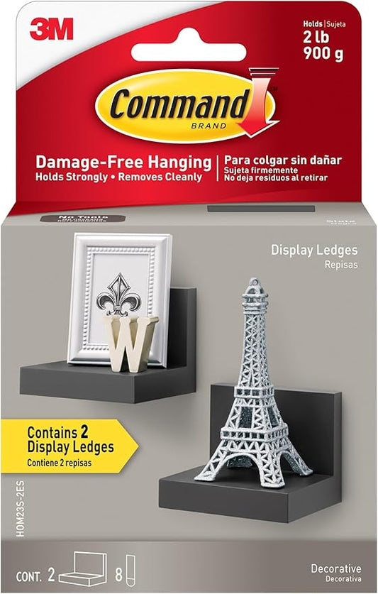 Command Display Ledges, Holds up to 2 lb, Slate, 2 Ledges with 8 Medium Strips, Damage-Free Hanging Floating Shelf with Adhesive Strips, Personalize Living Room, Bedroom, Kids Room or Office