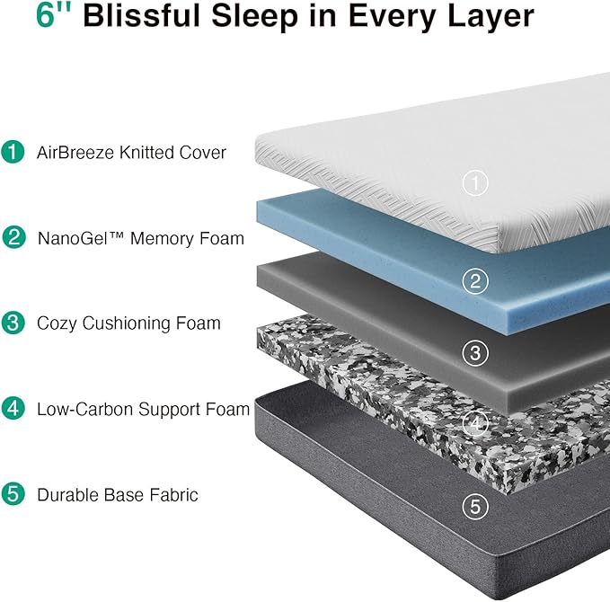 Novilla Mattress Queen, Cooling Gel Memory Foam Mattress 6 Inch for Contour Support & Pressure Relieving，CertiPUR-US Certified Foam