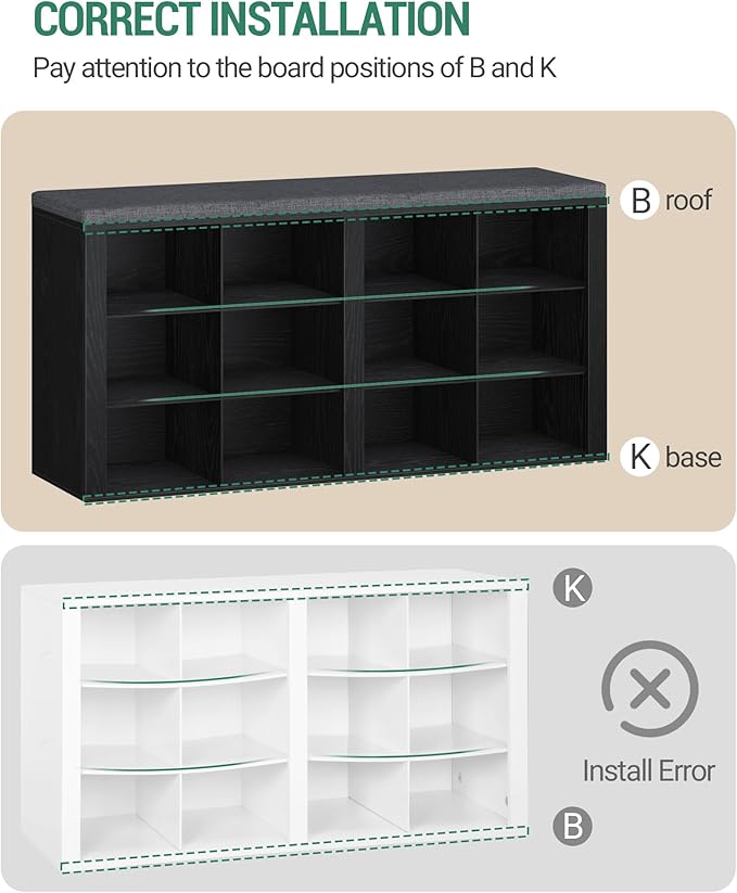 Shoe Bench with Cushion, Entryway Storage Bench with 12 Cubbies, Cubby Shoe Rack with Adjustable Shelves, Shoe Organizer Cabinet for Living Room, Bedroom, Entryway, Black SB19004GY