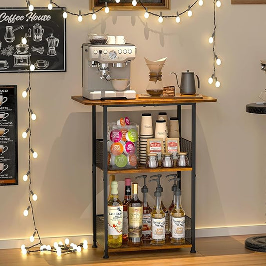 Mini Floor Standing Coffee Bar Shelf,3-Tier Small Coffee Table,Corner Farmhouse Coffee Bar Cabinet;Dining Room, Living Room-Capsules,Coffee Maker(Brown+Black)