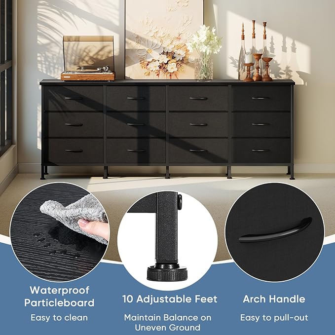 DUMOS TV Stand for Bedroom with Storage TV Stands for Living Room Black, 12 Drawer Dresser Farmhouse Entertainment Center for up to 80 Inch TVs, Media Console Table with Metal Frame Adjustable Feet