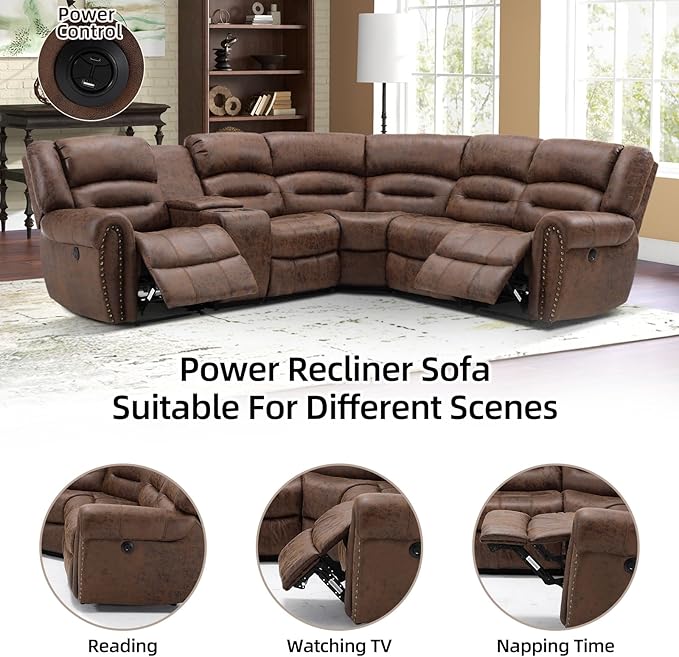 EBELLO Faux Leather Reclining Sectional Sofa Set, L-Shaped Power Corner Couch Home Furniture Set with Storage Console, Cup Holders, USB Port(Coffee Brown,Sofa with Recliner)