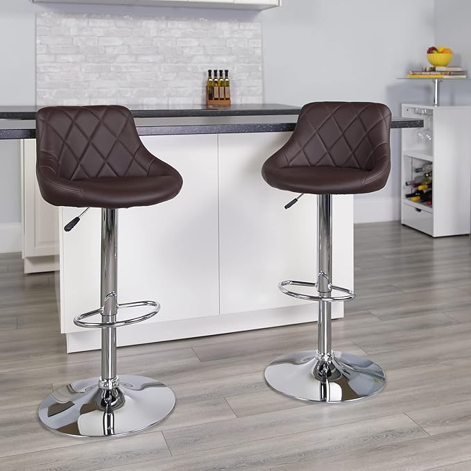 Flash Furniture Caldwell 2 Pack Contemporary Brown Vinyl Bucket Seat Adjustable Height Barstool with Diamond Pattern Back and Chrome Base