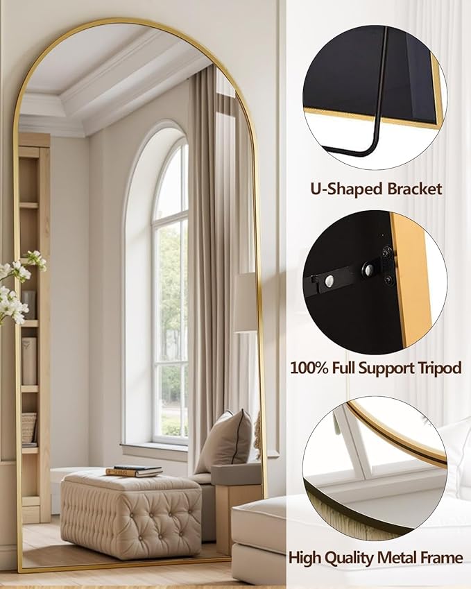 Large Arched Full Length Mirror with Stand 76x34, Freestanding Floor Mirror or Wall Mounted, Tall Body Mirror with Aluminum Frame for Bedroom, Living Room, Gold