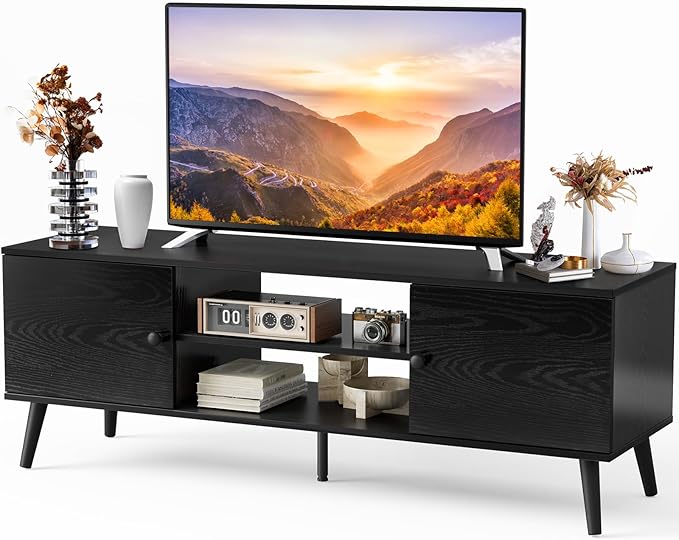 NEWBULIG TV Stand for 55 60 inch TV, Modern Mid Century Entertainment Center with Storage, Wooden Media Console Table 2 Cabinet for Living Room, Soft Hinge, Handle Door, Office Furniture, Black
