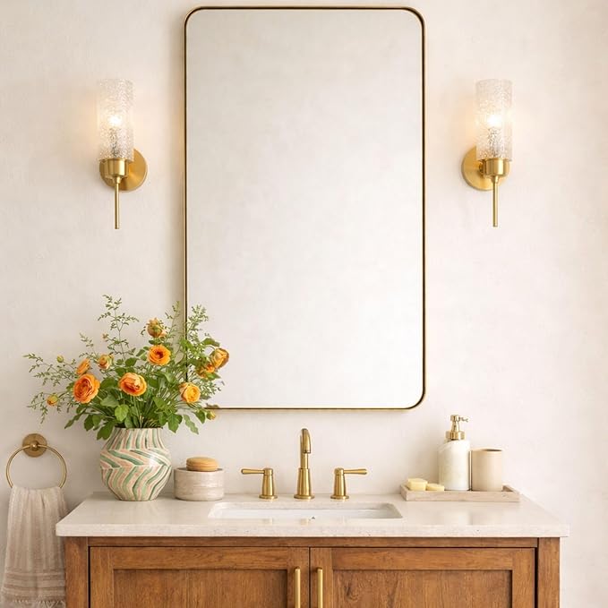 GRACTO 24x40'' Brushed Gold Metal Framed Bathroom Mirror for Wall in Stainless Steel Rounded Rectangular Bathroom Vanity Mirrors Wall Mounted
