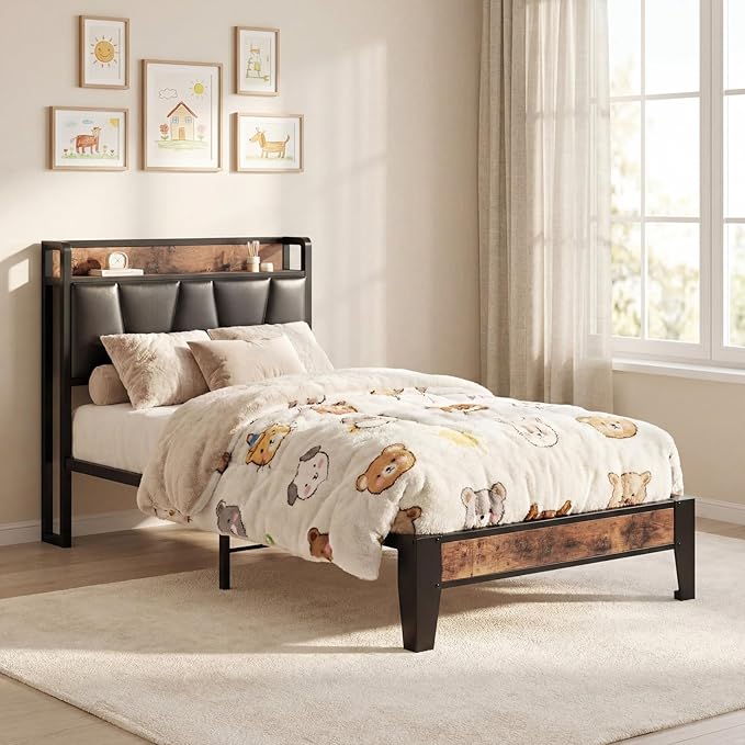 LIKIMIO Twin Bed Frame, Storage Headboard with Charging Station, Solid and Stable, Noise Free, No Box Spring Needed, Easy Assembly (Vintage and Black)