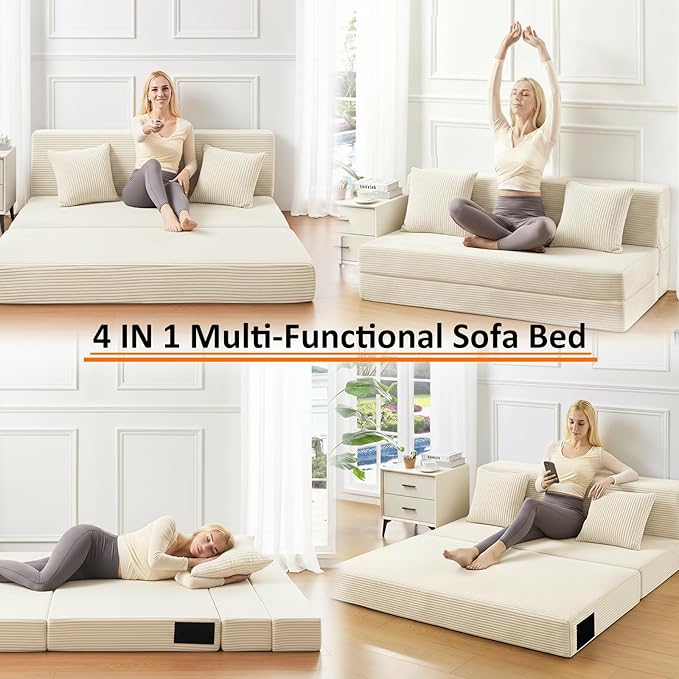 JKMAX Queen Size Folding Sofa Bed - 4 in 1 Convertible Sleeper Chair with Two Pillows - High Density Memory Foam Futon Couch - Foldable Bed for Living Room Bedroom (Beige)