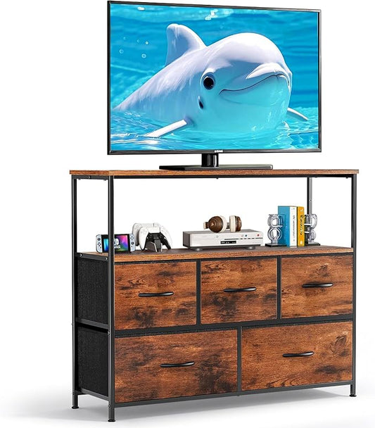 TV Stand, 5 Fabric Drawers Dresser Entertainment Center for TV up to 45 inch Wooden Media Console Table Storage Organizer with Open Shelf, for Living Room, Bedroom, or Small Space, Brown