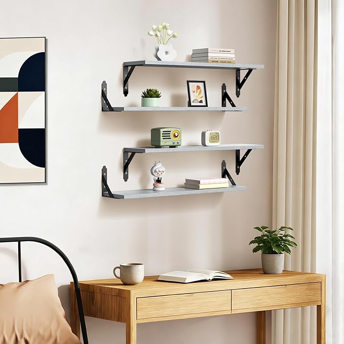 Wood Floating Shelves Set of 4, Rustic Storage Decor Wall Shelves, Wall Mounted Shelf for Living Room, Bedroom 23.6" x 6", Light Grey