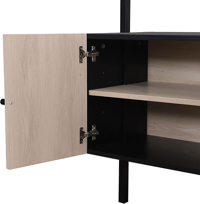 Nathan James Kova Bohemian Entertainment Center Wall Unit with Bookshelves, Bookcase TV Stand with Rattan Door Fronts, Entertainment Wall Unit with Storage, Black Oak/Cane