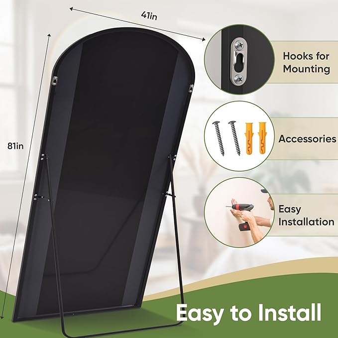 Full Length Mirror, 81"x41" Arched Full Body Mirror, Floor Mirrors with Stand, Body Mirrors Standing Hanging Leaning Against Wall,Aluminum Frame Mirrors for Bedroom Cloakroom,Living Room,Black