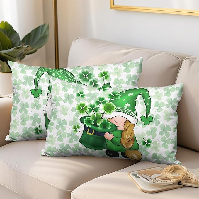 St Patricks Day Gnomes Lumbar Pillow Covers 12x20 Set of 2 Green Lucky Shamrock Decorative Pillow Cover St. Patrick's Clovers Bow Hat Cushion Cases Spring Rustic Outdoor Pillowcase for Couch Sofa