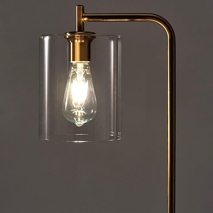 Brightech Elizabeth LED Floor lamp, Tall Lamp with Glass Shade & Edison Bulb, Industrial Lamp for Living Rooms & Offices, Vintage Standing Lamp for Bedroom in Farmhouse or Rustic Style - Gold