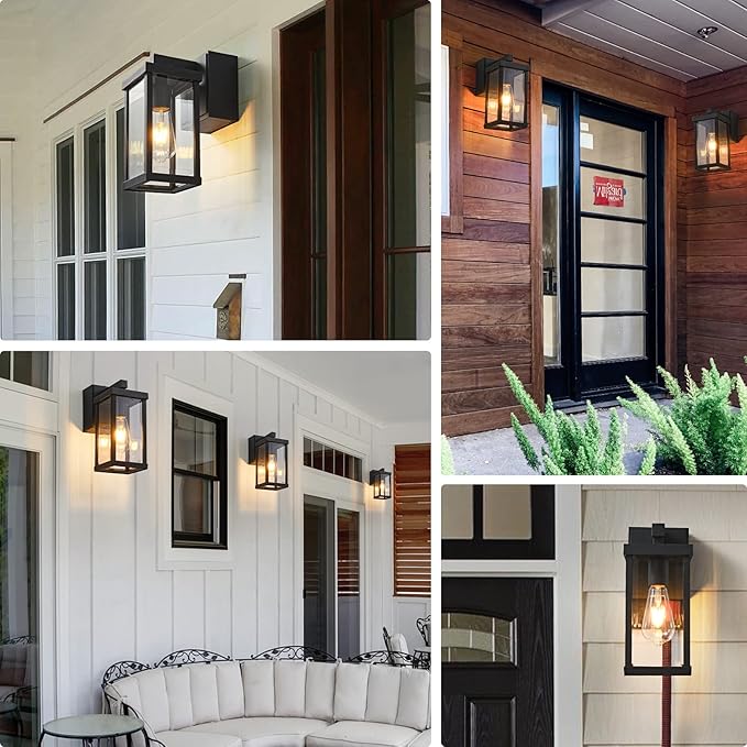Dusk to Dawn Porch Lights with GFCI Outlets Waterproof Outdoor Wall Lights Exterior Lighting Fixtures Modern Outside Lights Wall Mount for House Patio Garage,Black,11.8''H, 2 PC