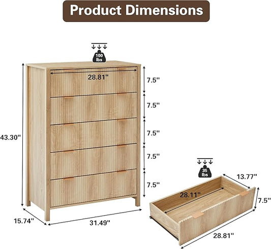 Fluted 5 Drawer Tall Dresser for Bedroom, Mid Century Modern Nightstand with Drawers, Tall Bedside Table for Closet Cloth, Living Room End Table with Storage for Dorm -Natural