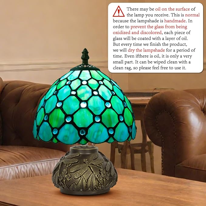 JHuiLap Small Tiffany Stained Glass Lamp, 3 Color Temperatures Bedside Lamp, 8 Inch Blue Pearl Beads Style Mushroom Desk Light for Bedroom Living Room Office Home Decor (Blue)