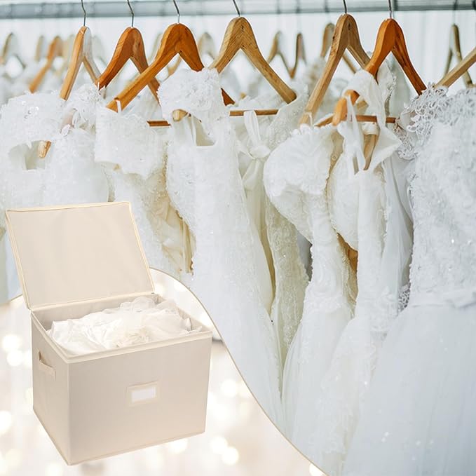 Wedding Dress Storage Box with 1 Pair of Microfiber Gloves and 20 Sheets of Acid-Free Paper, Wedding Dress Preservation Box for Heirlooms, Gowns Bride Musthaves(Beige)