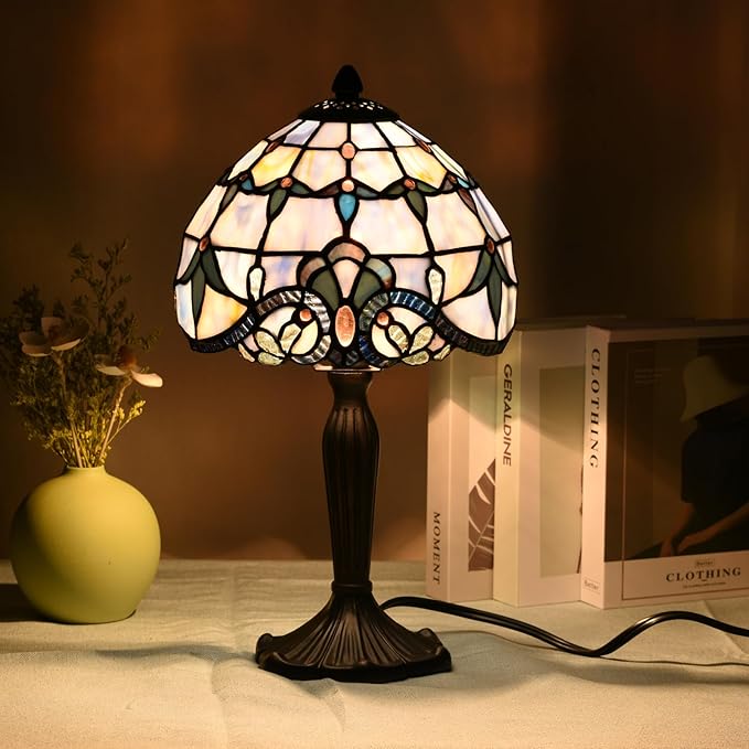 TL0006 Small Tiffany Lamp Baroque Design Handcrafted Stained Glass Table Lamp for Small Space Bedroom Bedside Nightstand Home Office, 8" W x 14.25" H, LED Bulb Included (Blue Baroque)