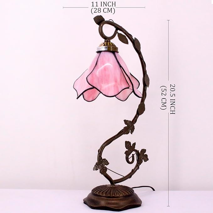 WERFACTORY Tiffany Lamp Pink Stained Glass Table Lamp, Metal Leaf Table Desk Reading Light 8X10X21 Inches Decor Small Space Bedroom Home Office S701 Series
