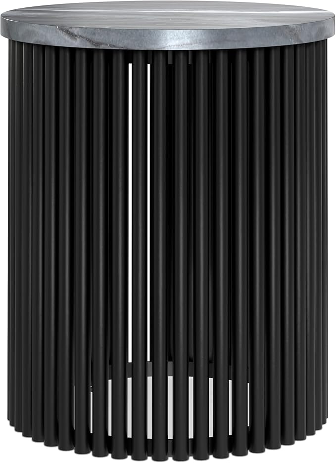 SIMPLIHOME Demy Metal Accent Table - 18 inch Wide Solid Metal Round Side Table with Genuine Marble Top and Slatted Base in Black, Contemporary End Table for Living Room with Compact Design, Assembled