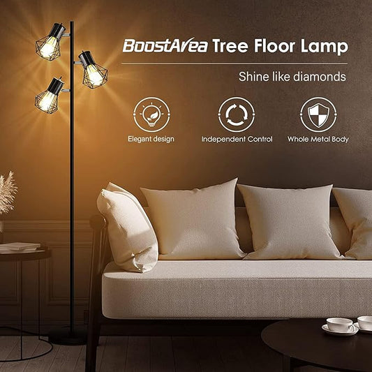 BoostArea Industrial Floor Lamp,Standing Lamp,Farmhouse Tree Floor Lamps with 3 Adjustable Cage Heads,E26 Socket,Independent Control,Floor Lamp for Living Room,Bedroom,Rustic Home(No Bulb)
