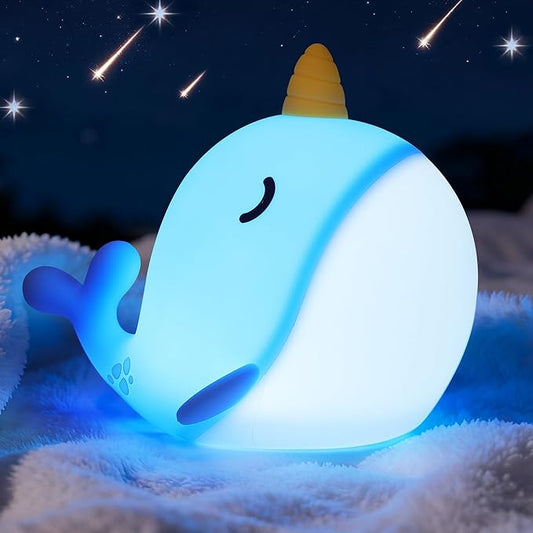 Blue Narwhal Night Light, Cute Squishy Silicone Lamp, Dimmable Touch Control Narwhal Gifts for Boys Girls, Ocean Animal Nursery Lamp for Birthday Christmas Decor