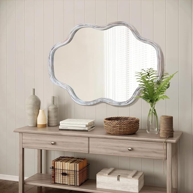 ULIKE Wall Mirror 24"x36" White Wavy Natural Wood Frame – Irregular Cloud Shape Vanity Mirror for Bathroom Bedroom Living Room Entryway