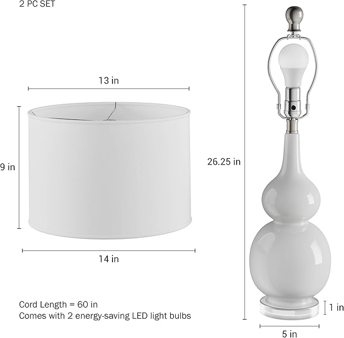 Ceramic Table Lamps - Set of 2 Double Gourd Vintage-Style Accent Lights for Bedroom, Living Room, or Office with LED Bulbs by Lavish Home (White)