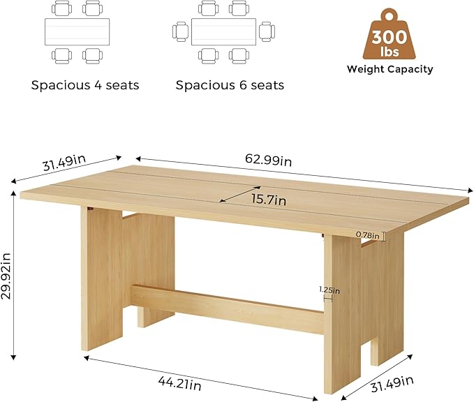 63" Folding Dining Table for 4-6, Modern Dining Room Table with Large Foldable Tabletop, Wood Folding Table with Foldable Legs, Dinner Tables for Kitchen Dining Room (Natural)