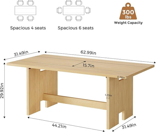 63" Folding Dining Table for 4-6, Modern Dining Room Table with Large Foldable Tabletop, Wood Folding Table with Foldable Legs, Dinner Tables for Kitchen Dining Room (Natural)