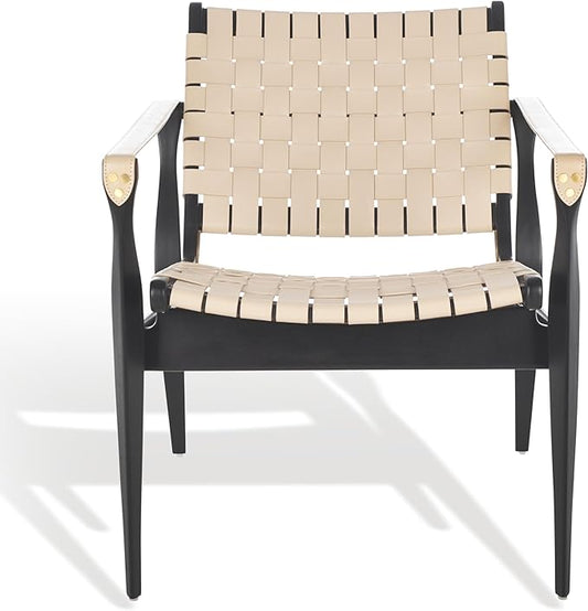 SAFAVIEH Couture Collection Dilan Black Solid Wood/White Genuine Leather Safari Chair (Fully Assembled)