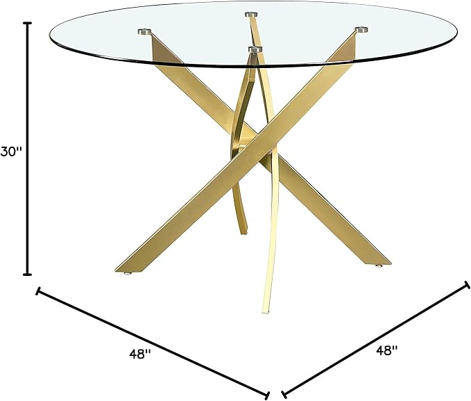 Meridian Furniture 984-T Xander Collection Modern | Contemporary Dining Table with Brushed Gold Metal Base, 48" Round Tempered Glass Top, 10MM Glass Thickness, 48" W x 48" D x 30" H, Gold