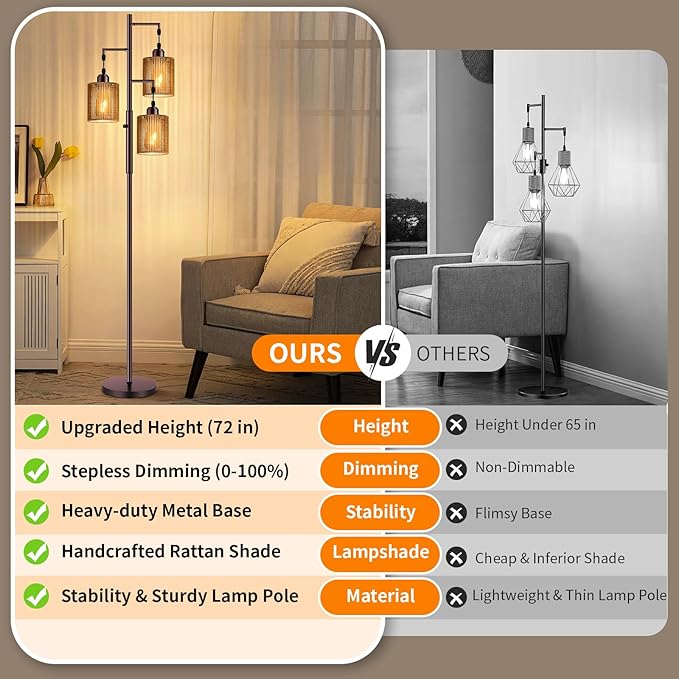Hotsonic 72" Rattan Boho Floor Lamp, Tall Dimmable Standing Lamp with Handcrafted Brown Shades, Industrial Tree Floor Lamps for Living Room, Bedroom, Study Room, Office (3 x 800LM LED Bulbs Included)