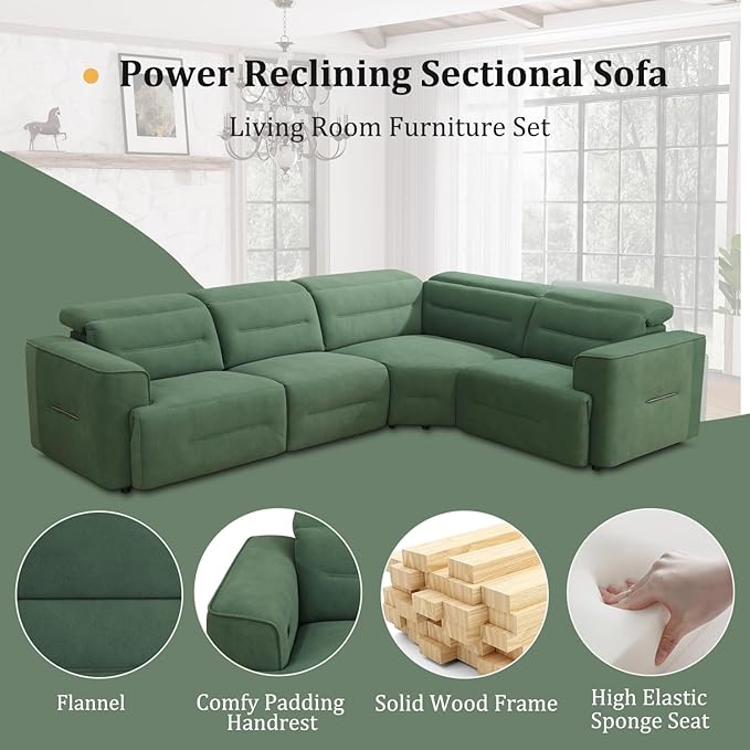 Power Recliner Sectional Couch, Flannel Living Room Furniture Set, Reclining Corner Sectional Sofa with USB Ports for Home/Office (Green, 4 Seater Couch)