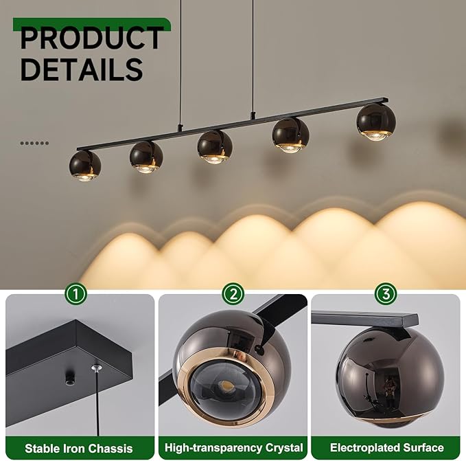 Modern LED Pendant Lights, Dimmable 47in Linear Globe LED Chandelier Lighting, Black & Gold Dining Room Hanging Light Fixtures Kitchen Island 5-Globe Pendant Light for Dining Table (3150lm)