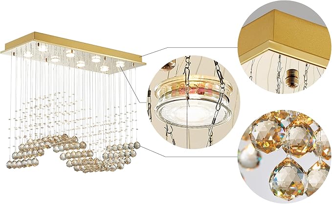 Saint Mossi 22019 8-Lights Modern K9 Crystal Chandelier Light Fixture, Raindrop Chandelier for Bedroom,Living Room,Dining Room, L30 x W12 x H26, Champagne Crystal & Light Gold Canopy