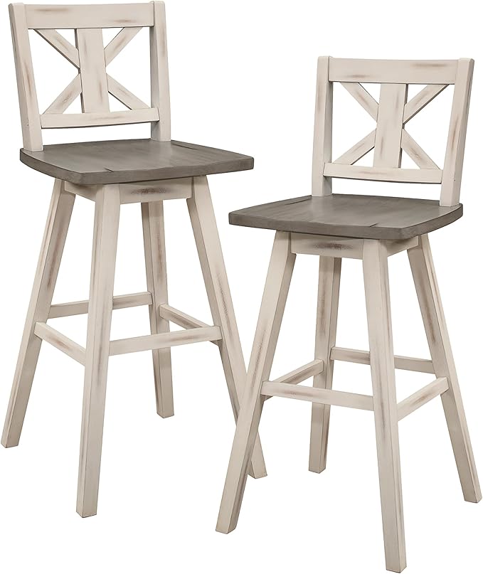 Lexicon Bar Height Bar Stools Set of 2-Solid Wood Frame 360° Swivel Wooden Stools, Foot Rest, X Back, Wide Seat, Distressed Farmhouse Easy to Clean Finish, 28.5" SH, Antique White/Grey