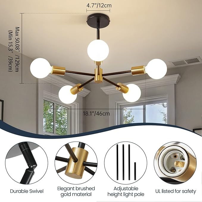 Modern Sputnik Light Fixture,Semi Flush Mount Ceiling Light Black and Gold Mid Century Chandeliers for Bedroom,Dining Room,Kitchen Island,Living Room,Bedroom,Farmhouse