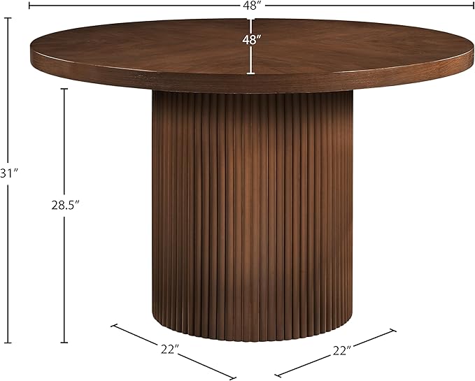 Meridian Furniture 728Brown-T Belinda Collection Mid-Century Modern Dining Table, Solid Wood Base, Brown Finish Oak Wood Veneer MDF Top, Round Top, Fluted Base, 48" W x 48" D x 31" H, Brown
