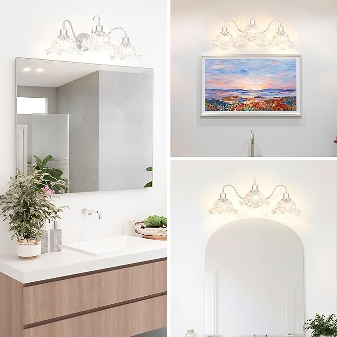 3-Light Bathroom Vanity Light, Brushed Nickel Vintage Vanity Light Fixtures Over Mirror, Bathroom Light with Flower Crystal Glass Shade, Art Deco Wall Sconce Lighting for Bedroom, Living Room