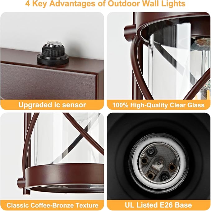 OKELI Dusk to Dawn Outdoor Wall Lights Fixtures, Waterproof Exterior Lighting Fixtures with Photocell Sensor,Vintage Coffee-Bronze Metal Cage Lantern Outside Lights for Porch Patio House Garage