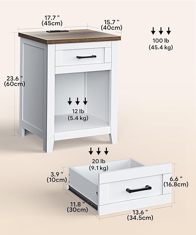 Farmhouse Nightstand with Charging Station & Large Storage, Modern End Tables with Outlets, USB Ports and Type-C Ports, Easy Assembly for Bedroom (Pure White + Walnut)