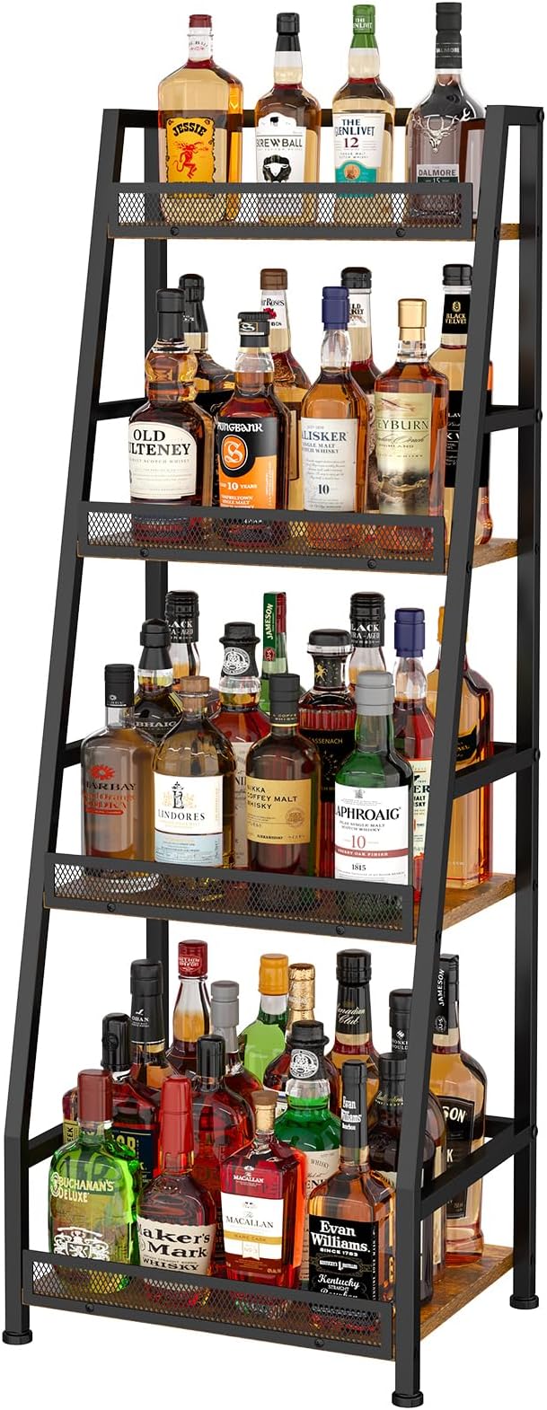 4-Tier Trapezoid Liquor Stand for Home Bar, Stepped Wine Rack Freestanding Floor for Liquor Whiskey Wine, Versatile Corner Wine Bottle Display Stand with Fences, Vintage Brown（Patent Pending）